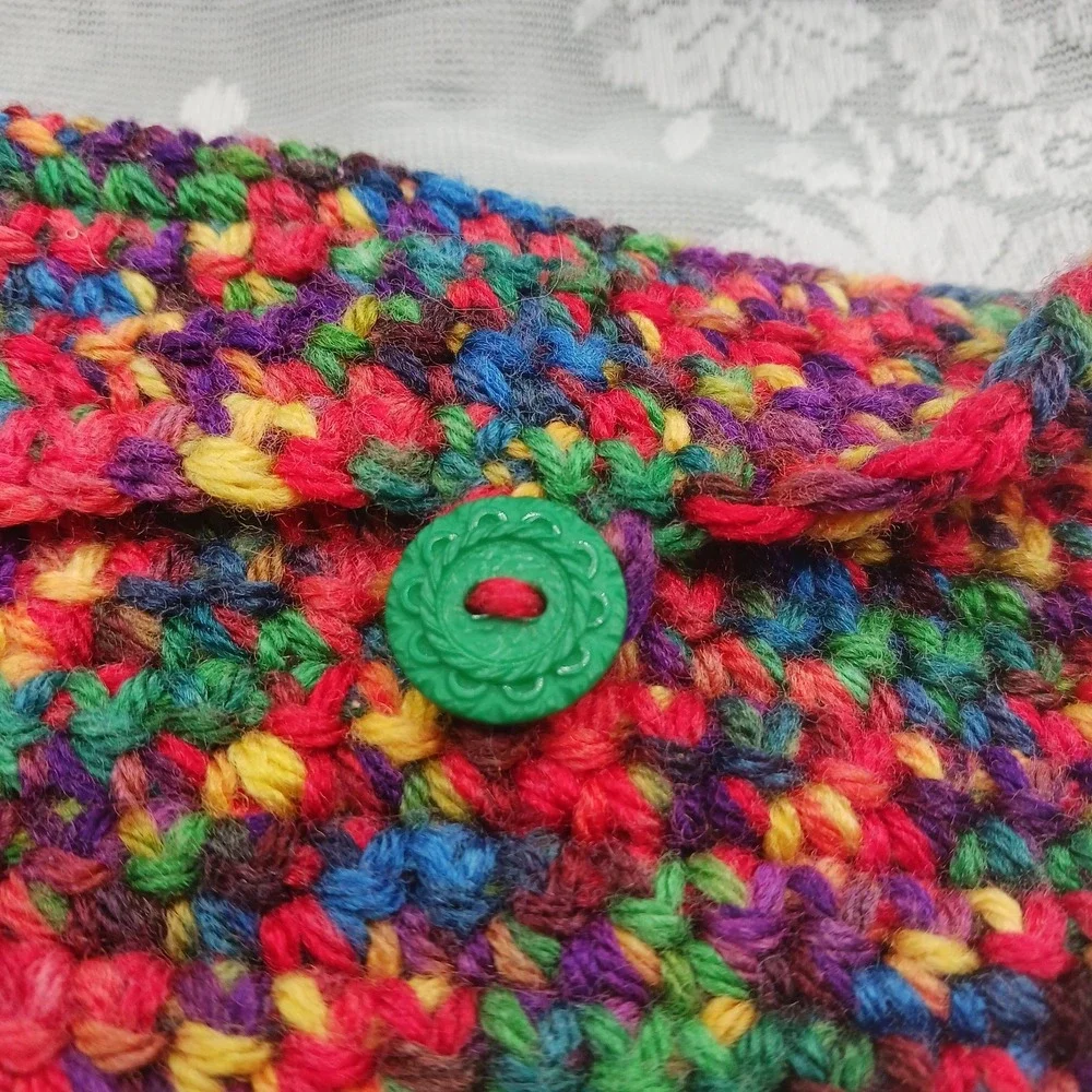 Handknit Crocheted RAINBOW Small organizer make up Bag Boho Hippie Cute Vintage